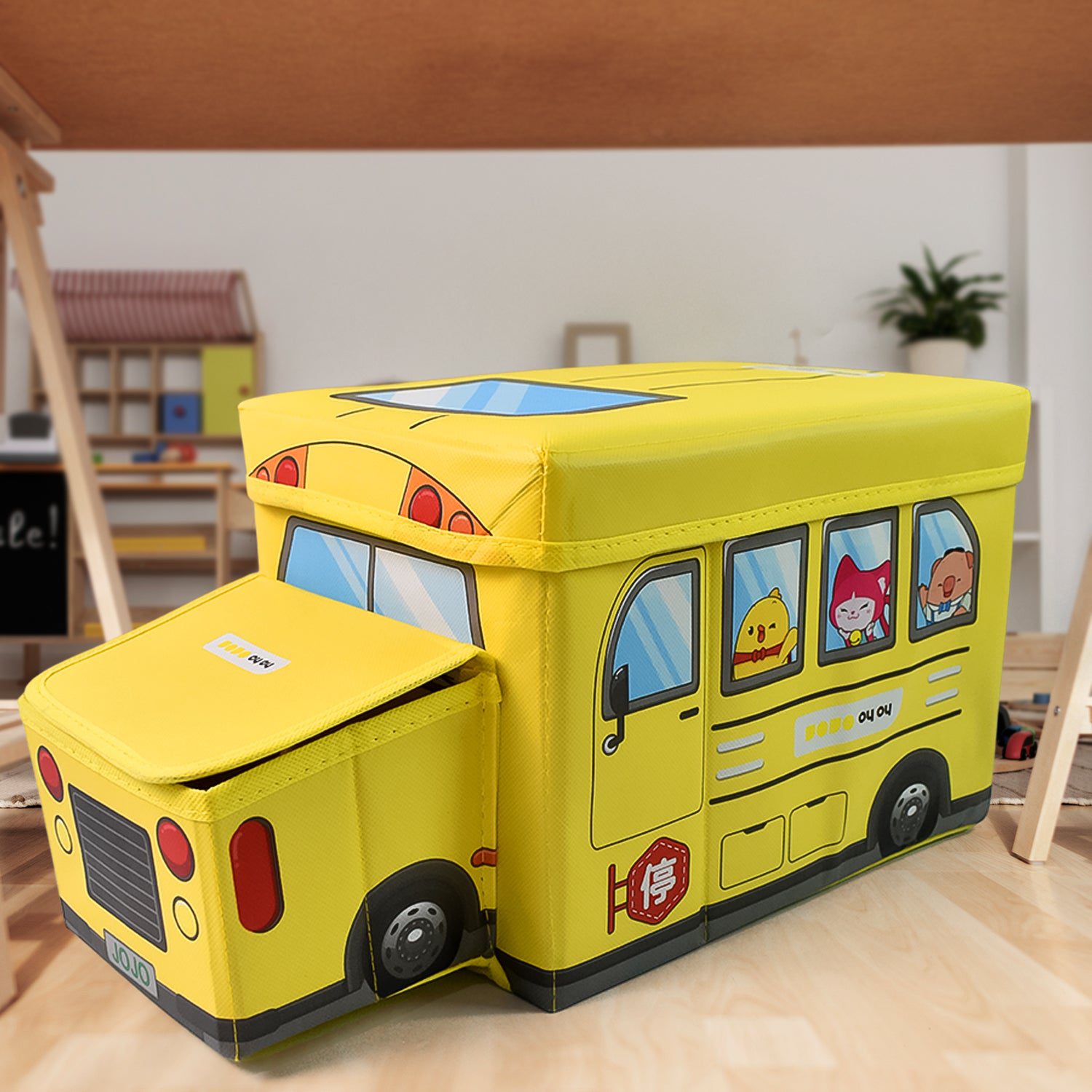 01_05f27cc6-903d-4bed-bd42-a17dcd96fae2.jpg School Bus Shaped Portable Foldable Toy Box Storage with Lid (1 Pc) - Front View by Nari Haat, Indian ethnic wear, wo...