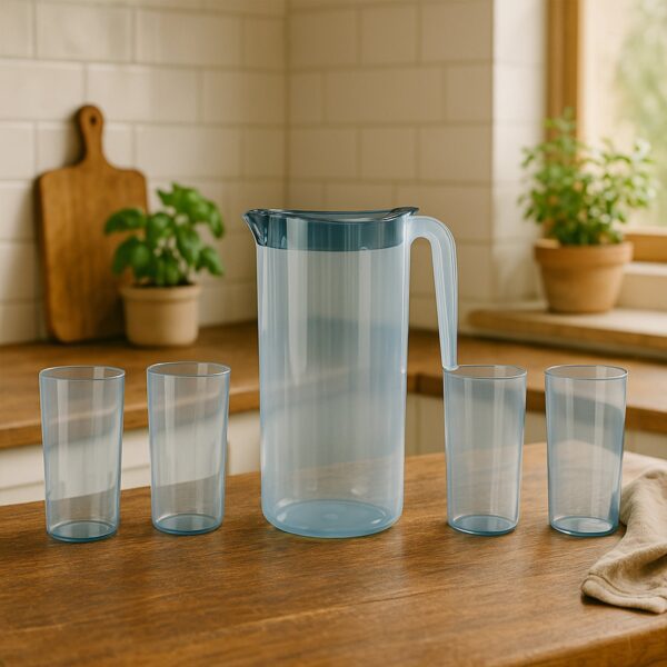 Apex Crystal Premium Jug with Lid & 4 Pcs Glass (1500 ML / 300 ML Approx / 5 Pcs Set) - Front View by Nari Haat, Indi...