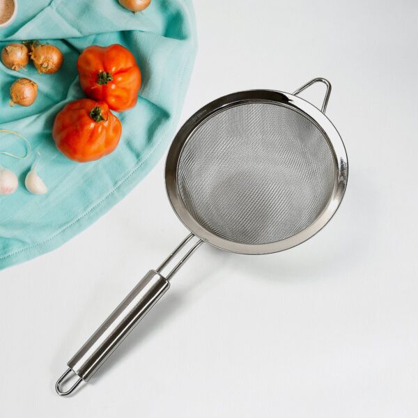 Mesh Sieve Quality Stainless Steel Fine Mesh Strainer with Sturdy Handle and Hook - Front View by Nari Haat, Indian e...