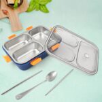 3 Compartment Transparent Stainless Steel Lunch Box with Spoon & Chopsticks (1 Set) - Front View by Nari Haat, Indian...