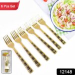 Stainless Steel Premium Fork Traditional Design Tablewar (6 Pcs Set / Golden) - With Dupatta by Nari Haat, Indian eth...