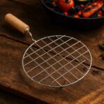 Kitchen Round Stainless Steel Roaster Papad Jali, Barbecue Grill with Wooden Handle - Front View by Nari Haat, Indian...