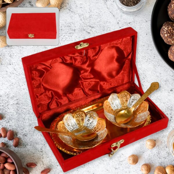 5-in-1 Gold & Silver Plated Bowl Spoon Tray Set with Velvet Gift Box - Front View by Nari Haat, Indian ethnic wear, w...
