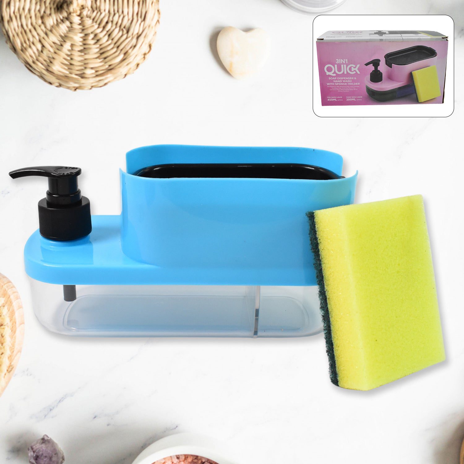 01_5200b88c-bb75-4fdc-8b06-c627a0f2fbb0.jpg 3 in 1 Dishwashing and Handwash Liquid Soap Dispenser (3 in 1 Dispenser) - Front View by Nari Haat, Indian ethnic wea...