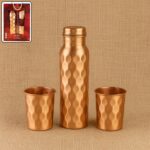 Diamond Cut Copper Water Bottle 2 Glasses with Gift Box (3 Pcs Set) - Front View by Nari Haat, Indian ethnic wear, wo...