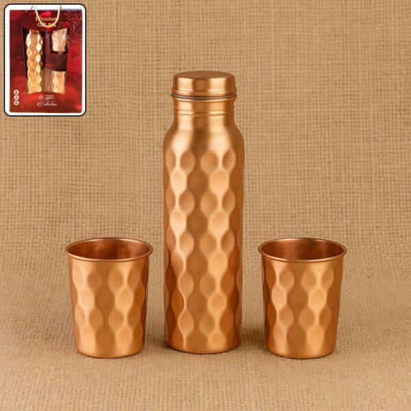 Diamond Cut Copper Water Bottle 2 Glasses with Gift Box (3 Pcs Set) - Front View by Nari Haat, Indian ethnic wear, wo...