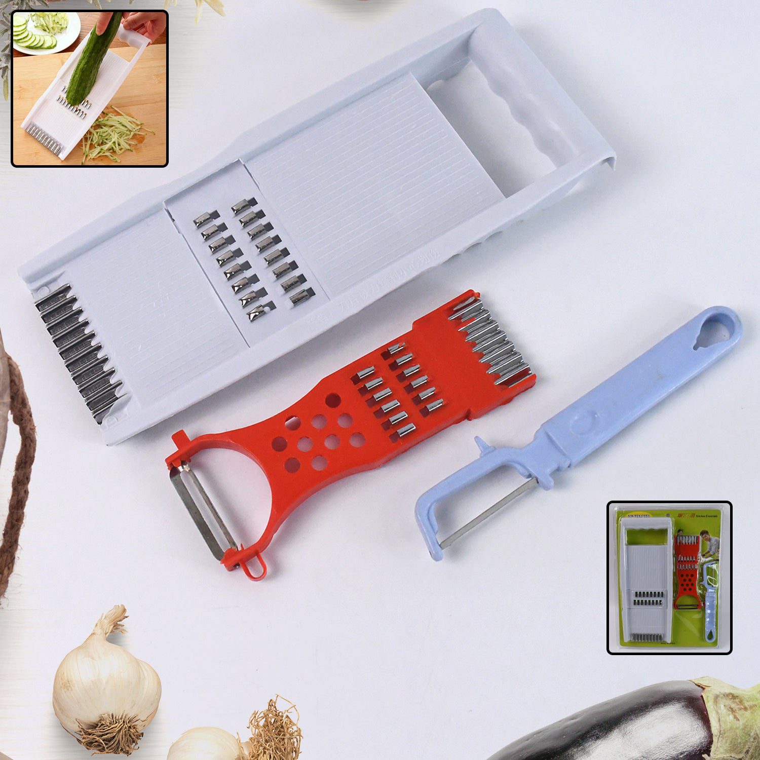 01_74dc1762-dacb-4b83-87a4-80ec0f441ebd.jpg 3 in 1 Kitchen Set: Grater Base, Slicing Attachment, and Peeler (3 Pcs Set) - Front View by Nari Haat, Indian ethnic ...