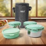Ganesh 4In1 Tiffin Box-Lunch Box | 3 Stainless Steel Containers 300 Ml Approx & Plastic Salad Container 200 Ml Appro...