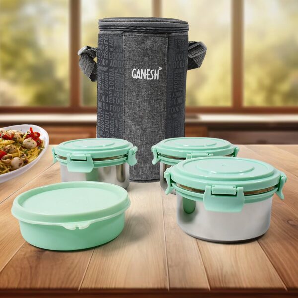 Ganesh 4In1 Tiffin Box-Lunch Box | 3 Stainless Steel Containers 300 Ml Approx & Plastic Salad Container 200 Ml Appro...