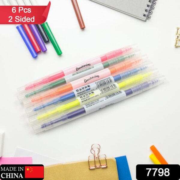 Dual-Headed Highlighter 6 Colors Pen  for Classroom and office  (6 Pc Set) - Front View by Nari Haat, Indian ethnic w...