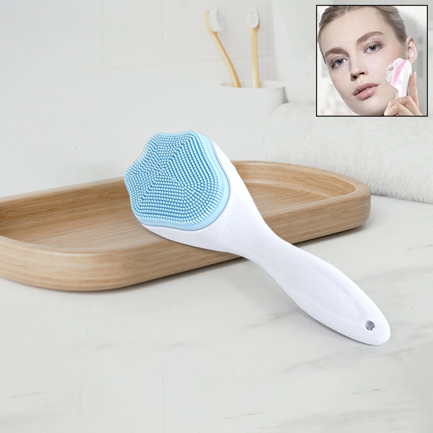 01_8247ec5d-5c77-4f62-a689-a1d8265da3ad.jpg Silicone Face Scrubber Exfoliating Brush, Manual Handheld Facial Cleansing (1 Pc) - Front View by Nari Haat, Indian e...