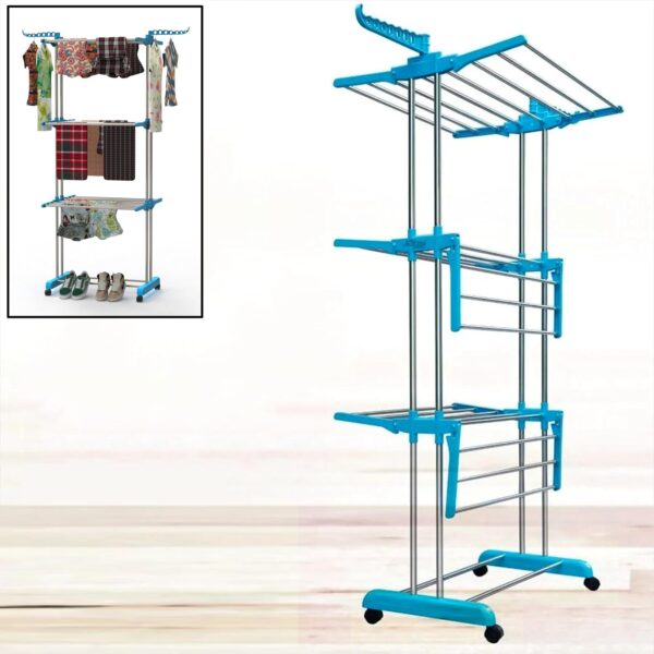 Premium Heavy Duty Stainless Steel 3 Layer Foldable Cloth Drying Stand (1 Set) - Front View by Nari Haat, Indian ethn...