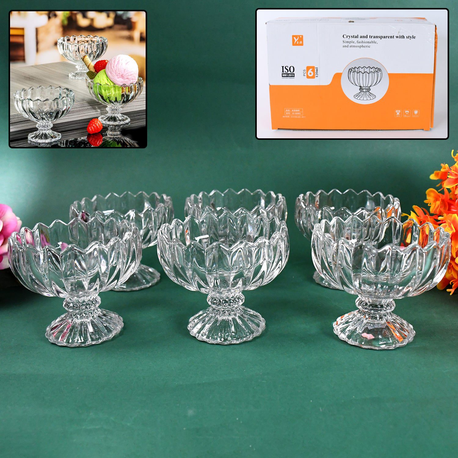 01_925c64b2-585e-4b11-aea6-6d68cba2f023.jpg Glass Ice Cream Bowls Glass Dessert Cups for Sundae (6 pcs / 120ml) - Front View by Nari Haat, Indian ethnic wear, wo...