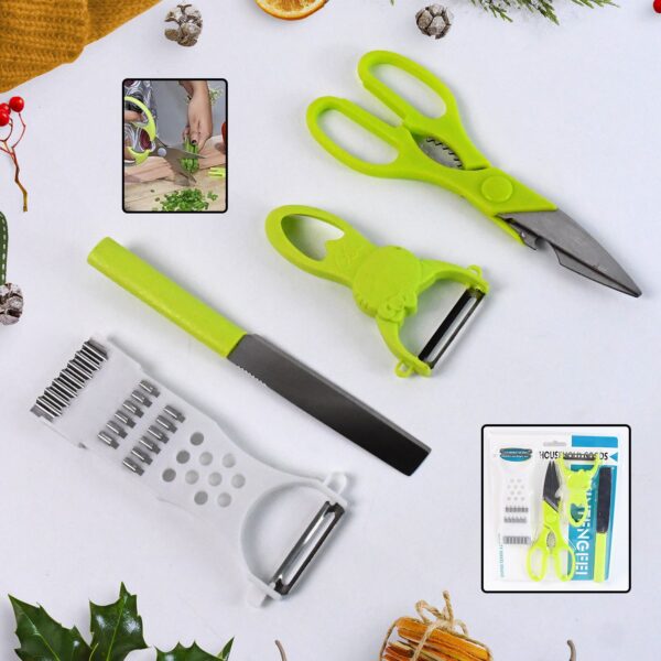 4-Piece Kitchen Cutting Set: Scissors, Peeler, Grater / Slicer, and Knife - Front View by Nari Haat, Indian ethnic we...