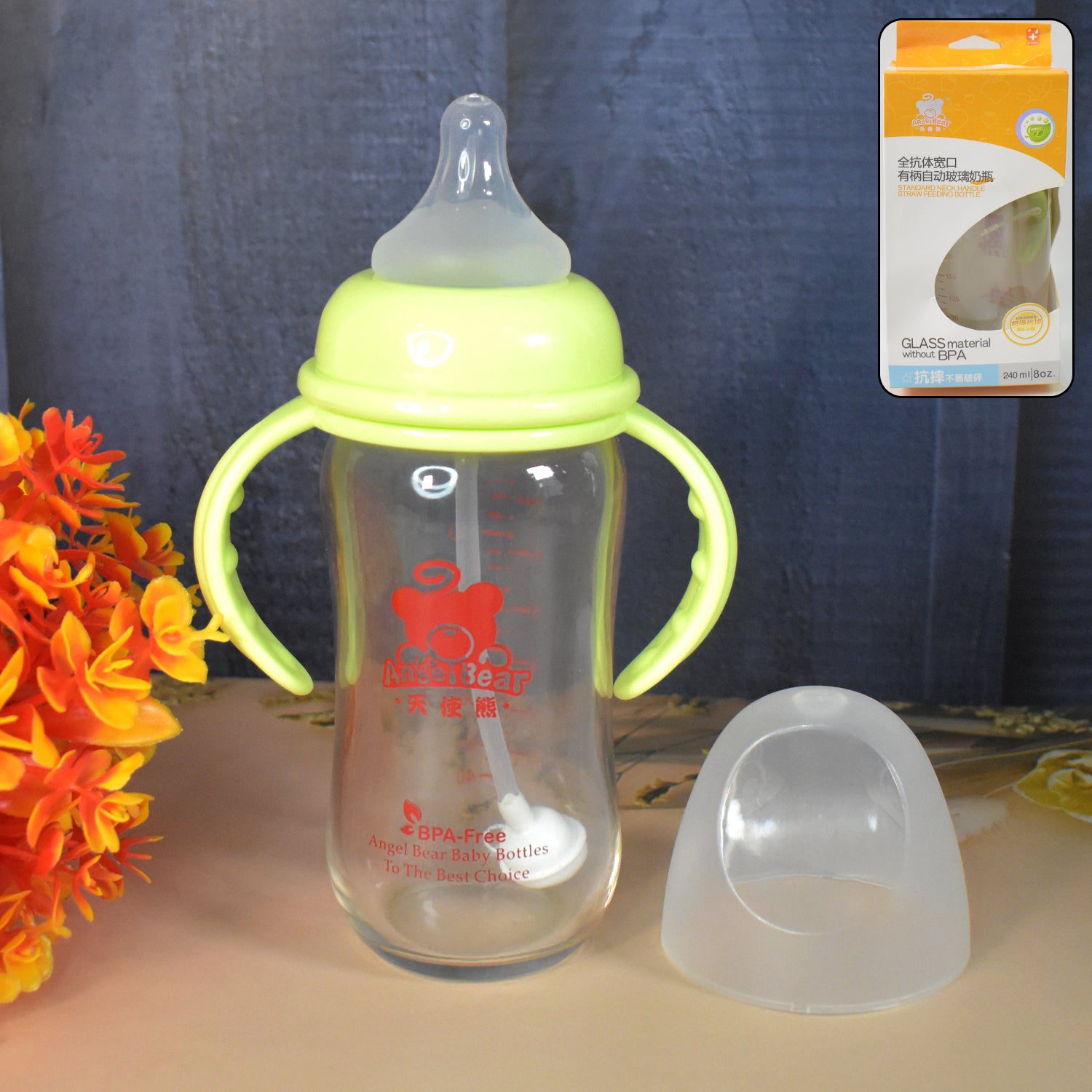 01_9c386eea-72bb-4d39-8581-b029aa5e6fb2.jpg Glass Baby Feeding Bottle with Handles & Straw (240 ML / 1 Pc) - Front View by Nari Haat, Indian ethnic wear, women c...