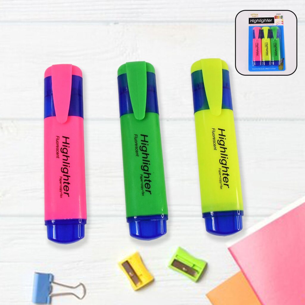 Highlighter Pen, Assorted Colours Water Based Broad Tip Writing Marker (3 Pcs Set) - Front View by Nari Haat, Indian ...