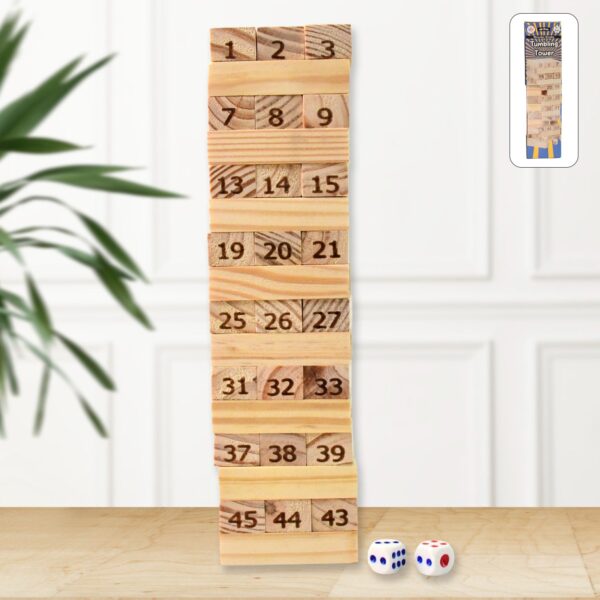 Wooden Tumbling Stacking Tower Game, Zenga tower (48 Pcs Blocks 2 Dices) - Front View by Nari Haat, Indian ethnic wea...