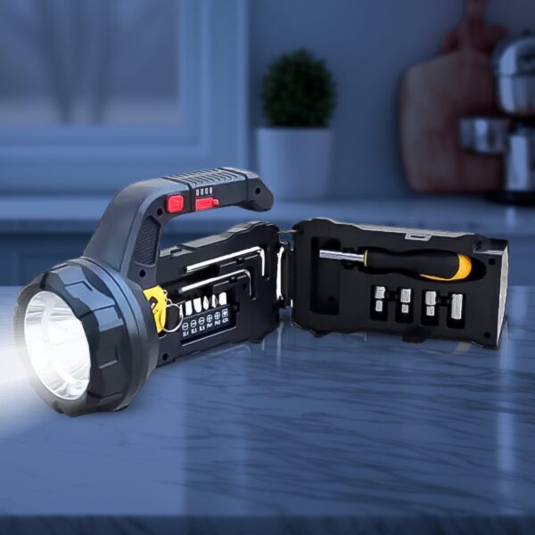 Multi-functional SOS flashlight with tool box