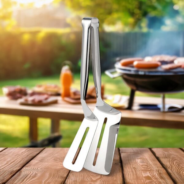 Stainless Steel Slotted Fish Tong – Double-Sided Cooking Spatula (1 Pc / 23 Cm) - Front View by Nari Haat, Indian e...