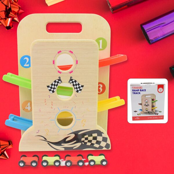 Wooden Ramp Racer Race Track Vehicle Play sets With 4 Mini Racers (with Handle) - Front View by Nari Haat, Indian eth...