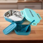 3 in 1 Spicy Bite Stainless Steel Lunch Box With Plastic Small Box & Spoon (1 Set) - Front View by Nari Haat, Indian ...