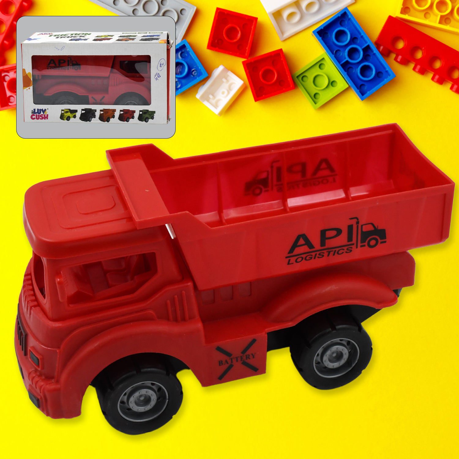 01_eac962da-fb44-4722-8cc6-c7d77cff2704.jpg Friction Powered Dumper Toy Truck with Opening Container for Indoor/Outdoor Play - Front View by Nari Haat, Indian et...