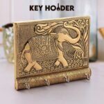 Wooden Key Holder for Home Decor Stylish Metal Gold Antique Elephant Design (1 Pc) - Front View by Nari Haat, Indian ...