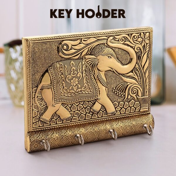 Wooden Key Holder for Home Decor Stylish Metal Gold Antique Elephant Design (1 Pc) - Front View by Nari Haat, Indian ...