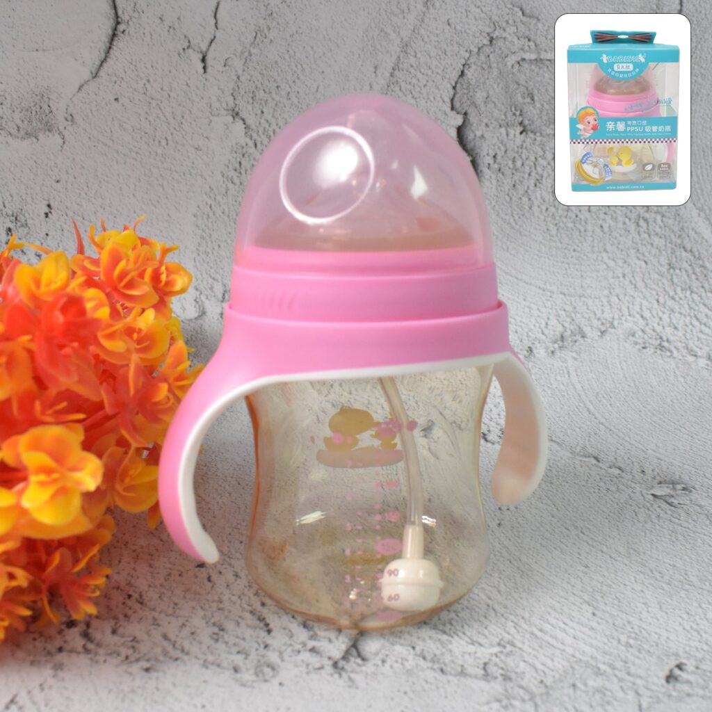Plastic Baby Feeding Bottle with Handles, Cleaning brush & Straw (240 ML / 1 Pc) - Front View by Nari Haat, Indian et...