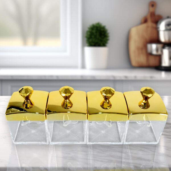 Storage Jar Set with 4 Jars Lids Tray and 4 Spoons for Coffee Tea Sugar  Kitchen Use - Front View by Nari Haat, India...