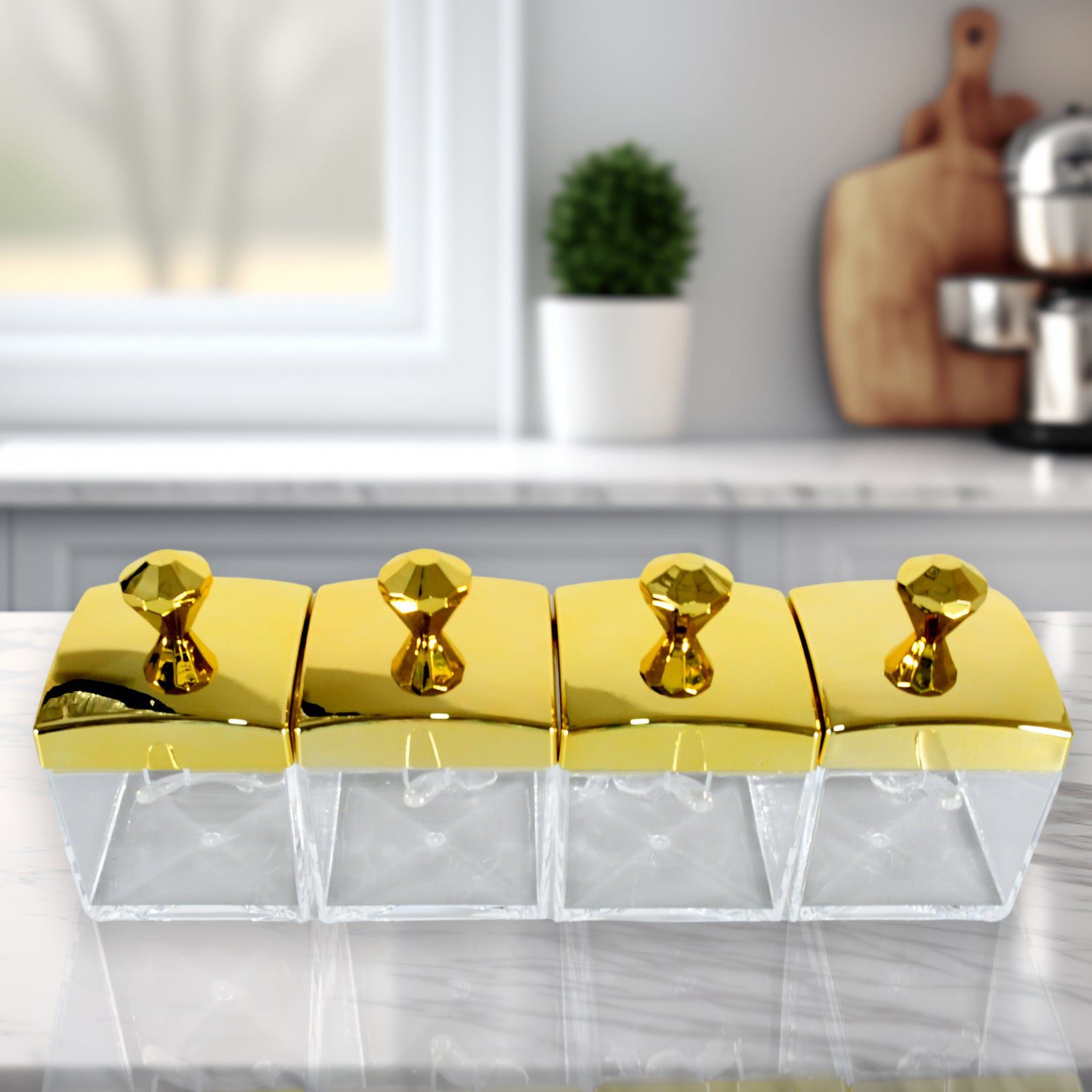 02_0133277e-d7a4-47e4-8cf2-5e4711e40203.jpg Storage Jar Set with 4 Jars Lids Tray and 4 Spoons for Coffee Tea Sugar Kitchen Use - Front View by Nari Haat, India...