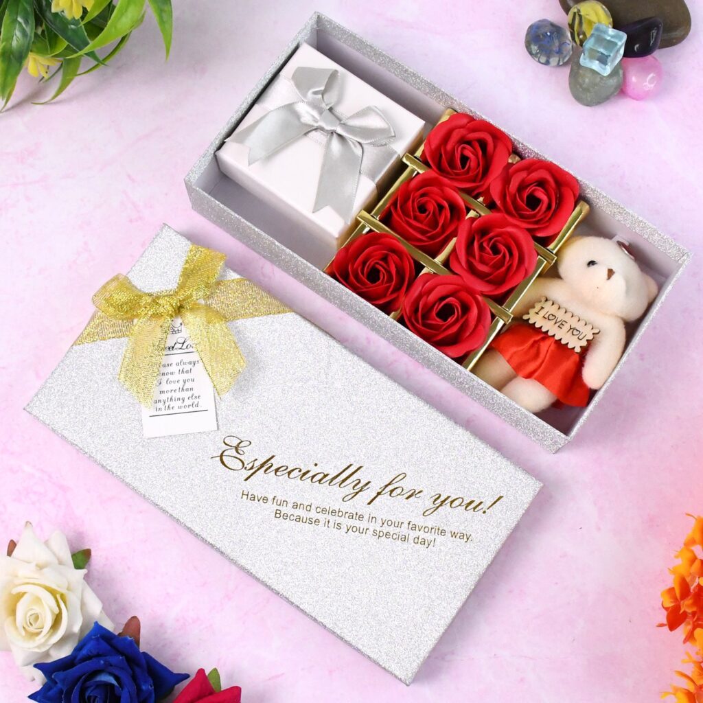 Valentine Day Gift Set Scented Rose Flowers Pack with Teddy - Front View by Nari Haat, Indian ethnic wear, women clot...
