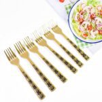 Stainless Steel Premium Fork Traditional Design Tablewar (6 Pcs Set / Golden) - Front View by Nari Haat, Indian ethni...