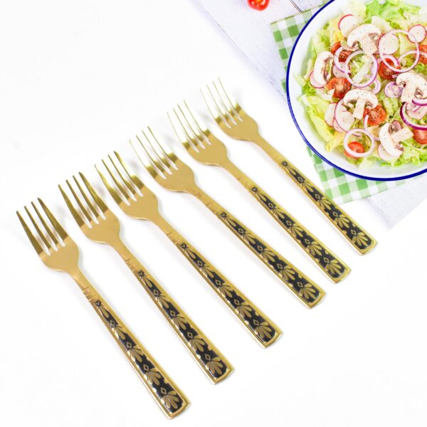 Stainless Steel Premium Fork Traditional Design Tablewar (6 Pcs Set / Golden) - Front View by Nari Haat, Indian ethni...