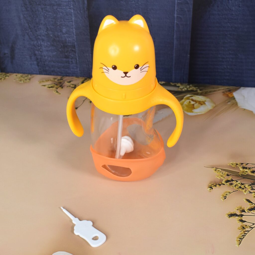 Glass Baby Feeding Bottle with Handles & Straw (300 ML / 1 Pc) - Front View by Nari Haat, Indian ethnic wear, women c...