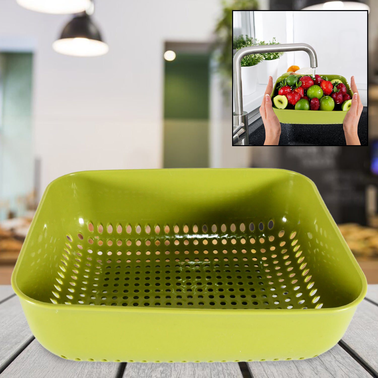 02_46050585-b578-4f19-9c16-df2bf1d3f94c.jpg Multipurpose Small Plastic Kitchen Basket, Vegetables and Fruits Washing, (20x17 Cm) - Front View by Nari Haat, India...
