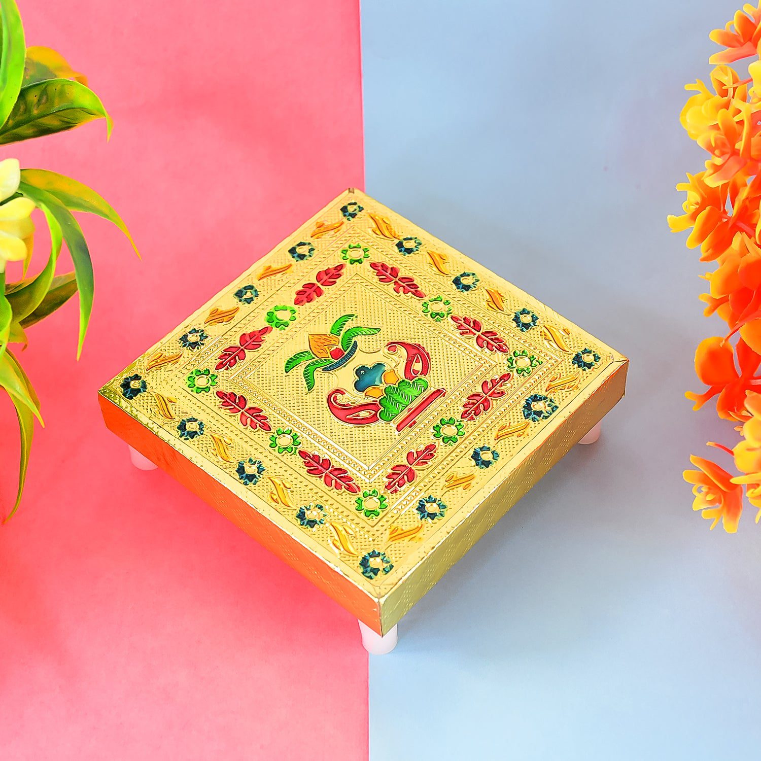 02_564d6910-38e1-41a8-aa81-035aab57add7.jpg Handicraft Wood Chowki for Pooja , Wooden Bajot (1 Pc / Mix Descign & Color) - Front View by Nari Haat, Indian ethnic...