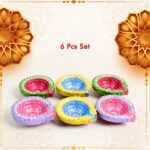 Decorative Hand Painted Clay Puja Diya (6 Pcs Set/ Mix Design) - Sleeve Design by Nari Haat, Indian ethnic wear, wome...