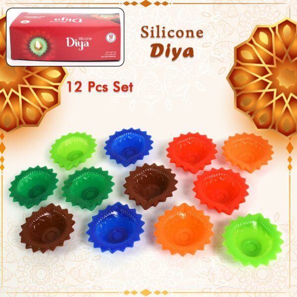 Silicone Diya for Diwali Attractive Design Colourful Diya Combo, Diwali (12 Pcs Set) - Front View by Nari Haat, India...