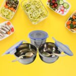 Compact Stainless Steel Airtight Lunch Box Set - 4 pcs (3 Leakproof 1 Bottle) - Closeup Embroidery by Nari Haat, Indi...