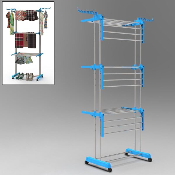 Premium Heavy Duty Stainless Steel 3 Layer Foldable Cloth Drying Stand - Front View by Nari Haat, Indian ethnic wear,...