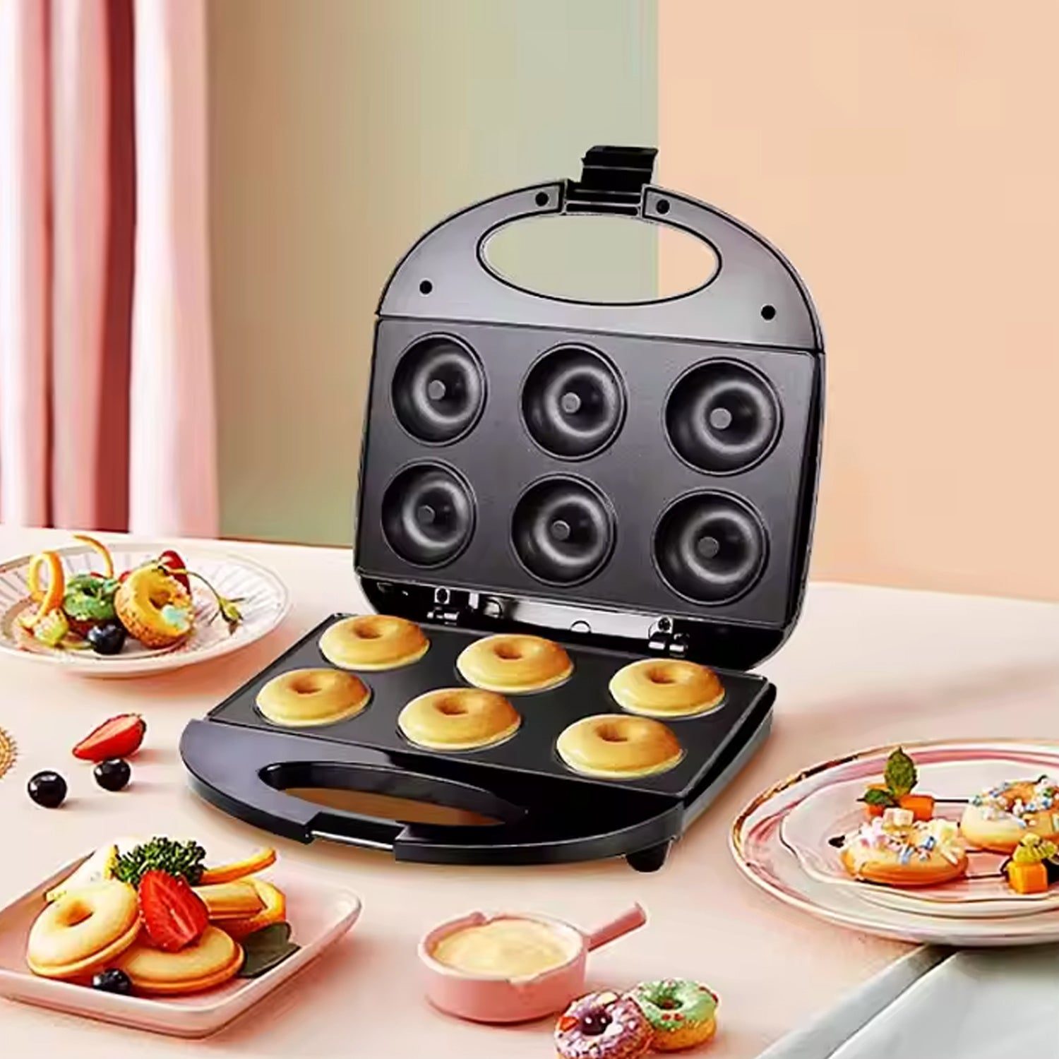 02_8c3bfa66-bbde-4540-99a0-c001e4e3cdb6.jpg Electric Donut Maker 750W – 6 Cavity(1 Pc / With 2 PIN Plug Converter 1 Pc ) - Front View by Nari Haat, Indian ethn...