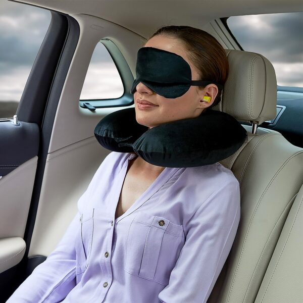 3-in-1 Travel Sleeping Kit with Neck Pillow, Eye Mask & Earplugs - Front View by Nari Haat, Indian ethnic wear, women...