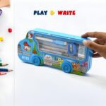 Bus Shape Compass Box for Boys, Kids School Accessories |  Pencil Box  with Wheels for Girls and Kids, String Operate...