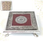 Silver - Square Pooja Chowki Patla / Bajot (20×20 CM / 1 Pc) - Front View by Nari Haat, Indian ethnic wear, women cl...