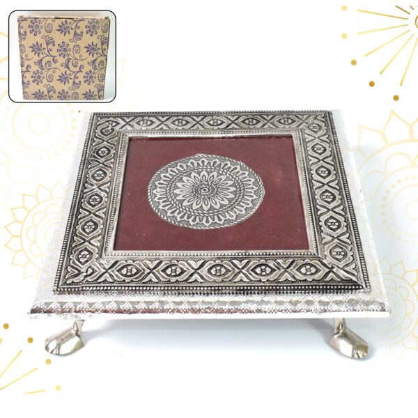 Silver - Square Pooja Chowki Patla / Bajot (20×20 CM / 1 Pc) - Front View by Nari Haat, Indian ethnic wear, women cl...