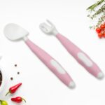 Silicone Bendable Kids Spoon & Fork Set – Toddler Self-Feeding Utensils (2 Pc Set) - Closeup Embroidery by Nari Haa...