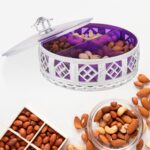Multipurpose Dry Fruit Box 4 Section Dry Fruit Round Silver Gift Box (1 Pc) - Front View by Nari Haat, Indian ethnic ...