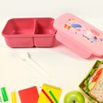 Plastic Lunch Box Leak Proof 2 Compartment with Bottle and Fork (1 Set / Mix Color) - Closeup Embroidery by Nari Haat...