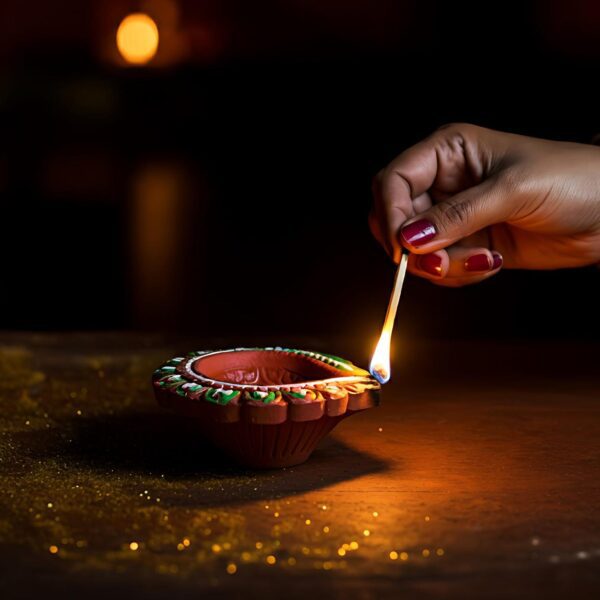 Decorative Hand Painted Clay Puja Diya (6 Pcs Set/ Mix Design) - Front View by Nari Haat, Indian ethnic wear, women c...